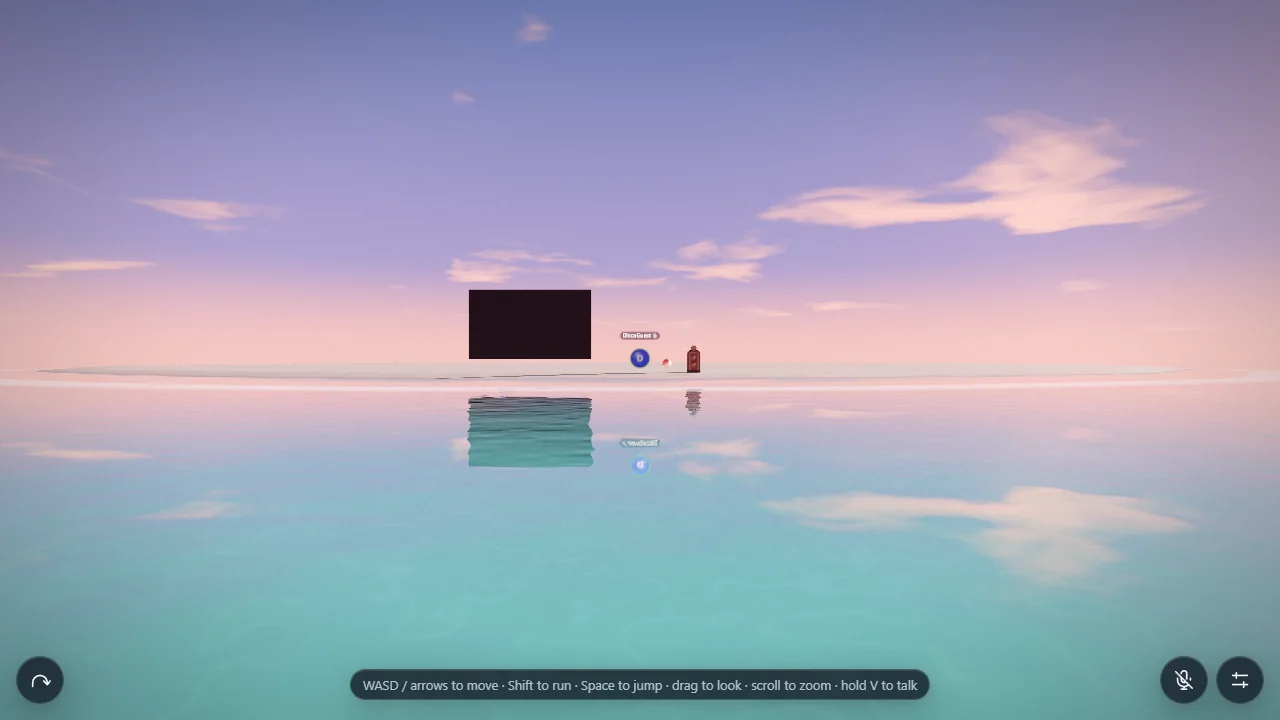 A quiet island and cinema reflected in the sea under a pink and blue sky